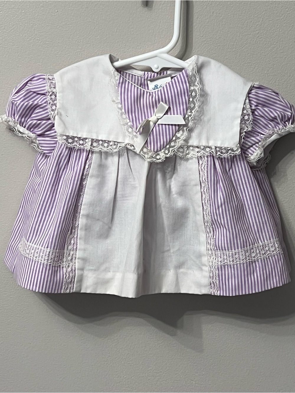 Babybair Vintage Baby Girls Lavender Stripe & White Lace-Trim Dress